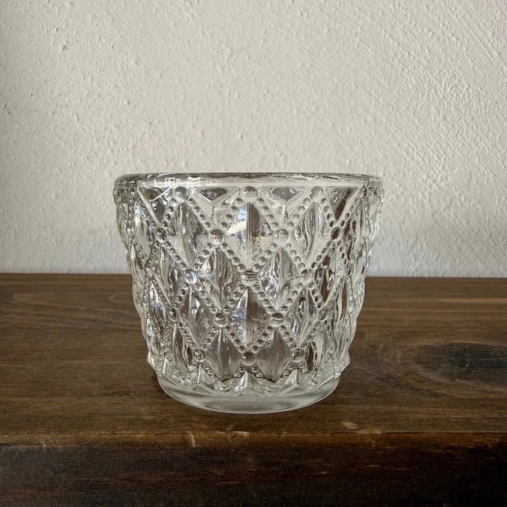 Clear Pressed Glass Diamond Point Beaded Votive Candle Holder 2in